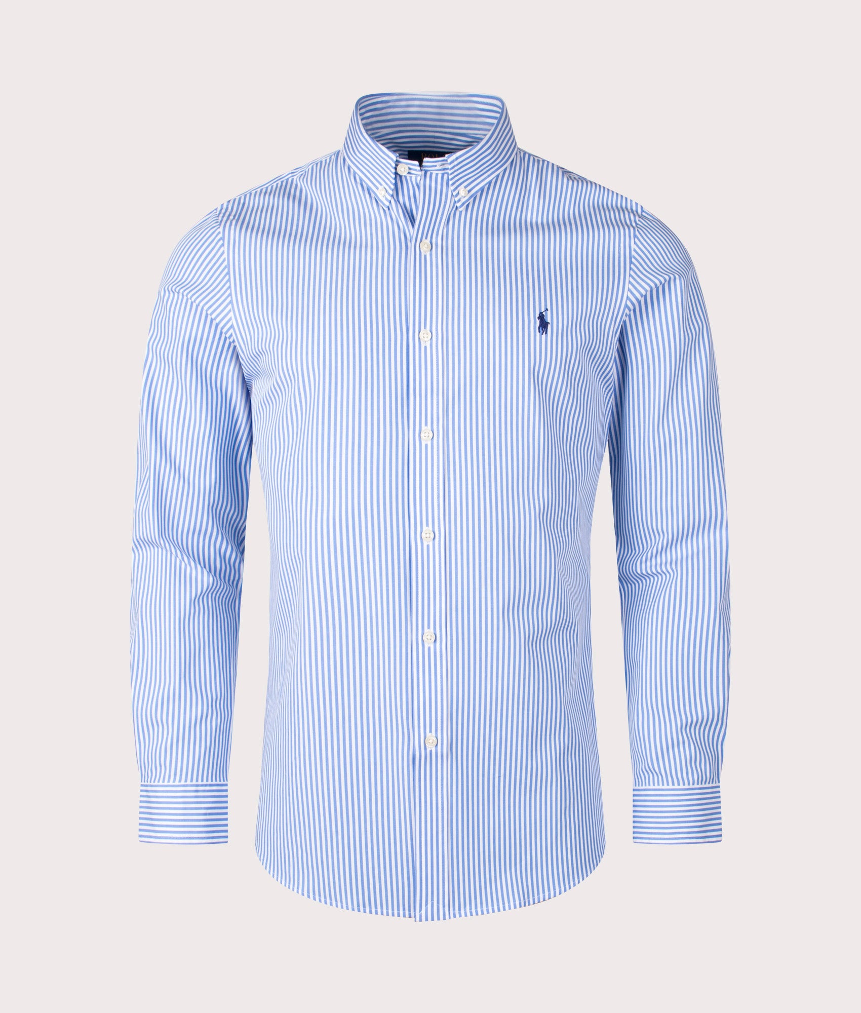 Polo Ralph Lauren Slim Fit Striped Poplin Shirt in Light Blue and White at EQVVS. Front Shot.