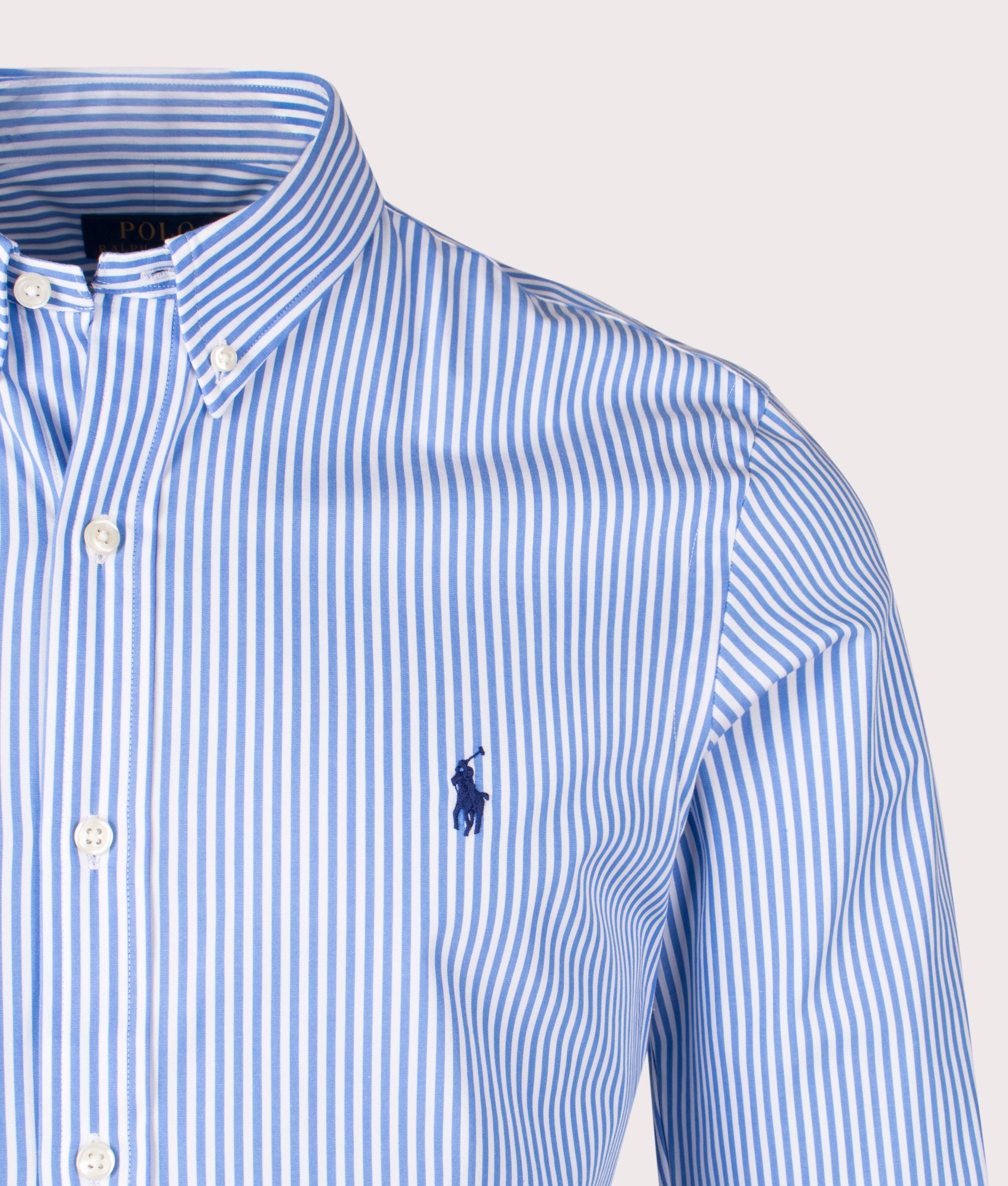 Polo Ralph Lauren Slim Fit Striped Poplin Shirt in Light Blue and White at EQVVS. Detail Shot.