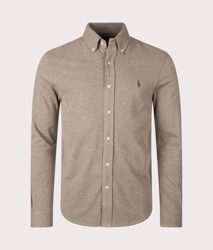 Featherweight Mesh Shirt in Dark Taupe Heather by Polo Ralph Lauren. EQVVS Front Angle Shot.