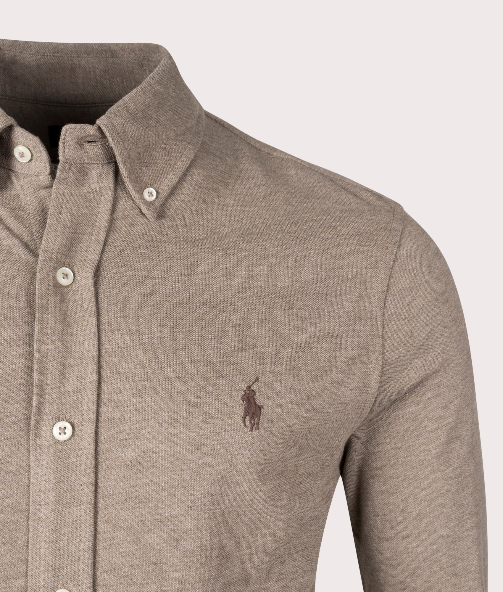 Featherweight Mesh Shirt in Dark Taupe Heather by Polo Ralph Lauren. EQVVS Detail Shot.