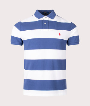 Custom Slim Fit Striped Mesh Polo Shirt in Old Royal and White by Polo Ralph Lauren. EQVVS Front Angle Shot.