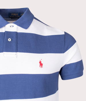 Custom Slim Fit Striped Mesh Polo Shirt in Old Royal and White by Polo Ralph Lauren. EQVVS Detail  Shot.