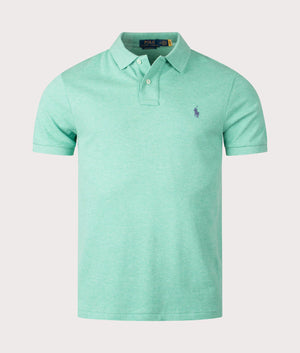 Poloralph Lauren Custom Slim Fit Mesh Polo Shirt in Resort Green Heather, 100% Cotton Front Shot at EQVVS