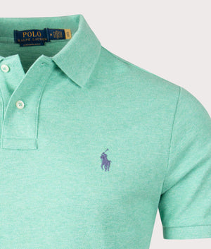 Poloralph Lauren Custom Slim Fit Mesh Polo Shirt in Resort Green Heather, 100% Cotton Detail Shot at EQVVS