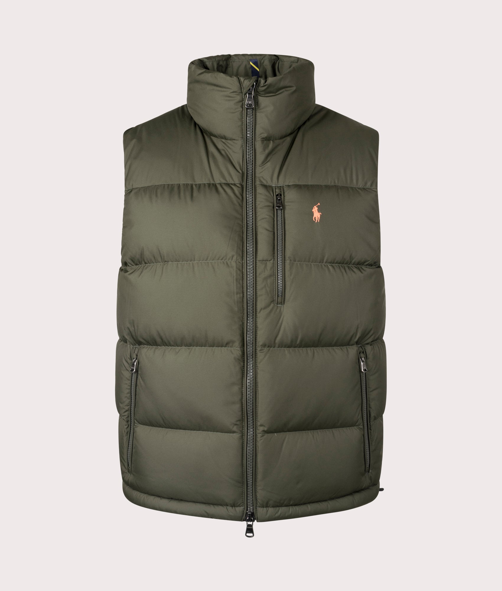 The Gorham Down Vest in Company Olive by Polo Ralph Lauren at EQVVS. Front Angle Shot.