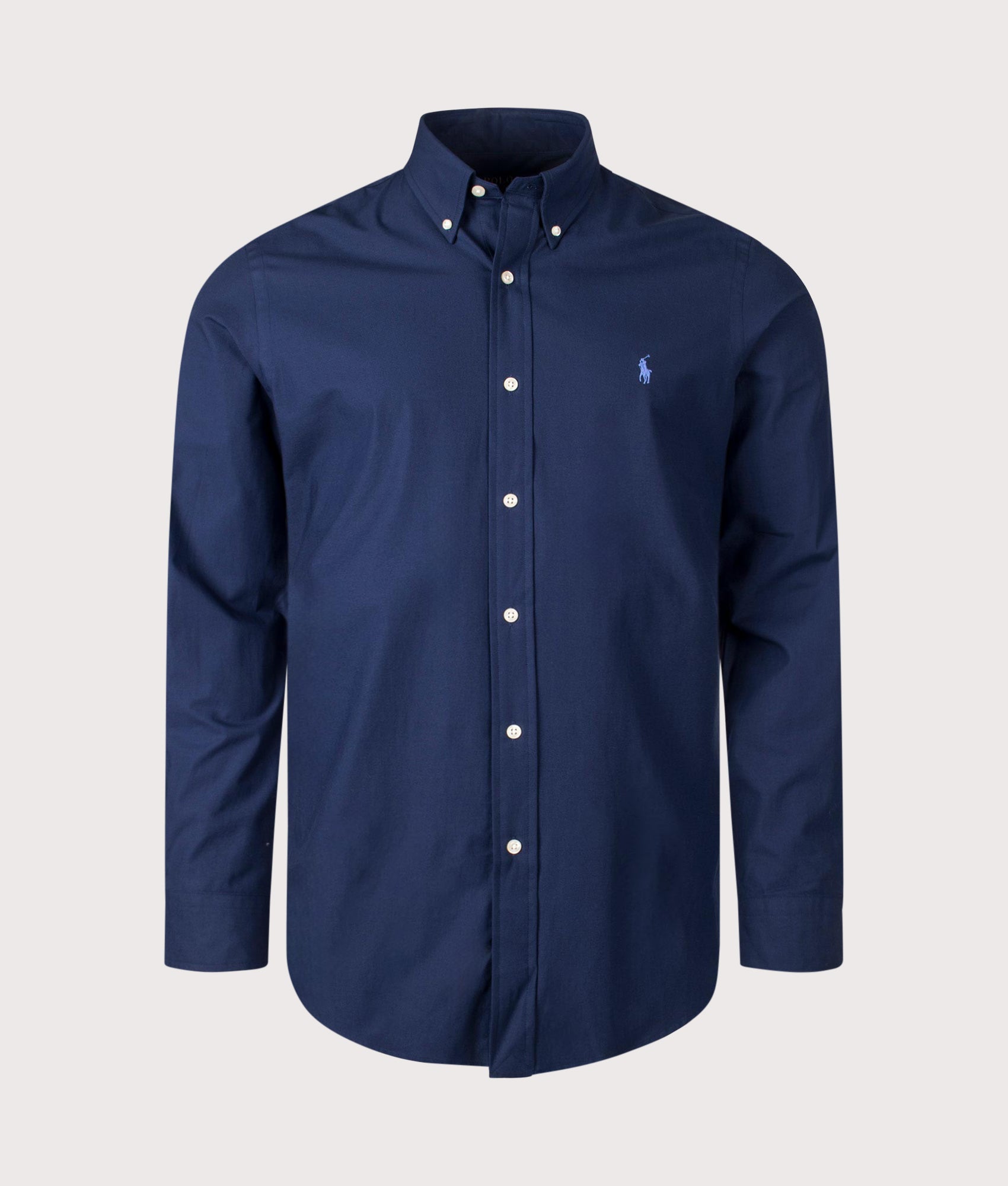 Polo Ralph Lauren Custom Fit stretch poplin Shirt in Newport Navy at EQVVS Menswear. Front shot.