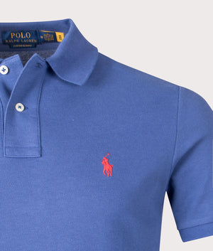 Polo Ralph Lauren Custom Slim Fit Mesh Polo Shirt in Old Royal Blue, 100% Cotton Detail Shot at EQVVS