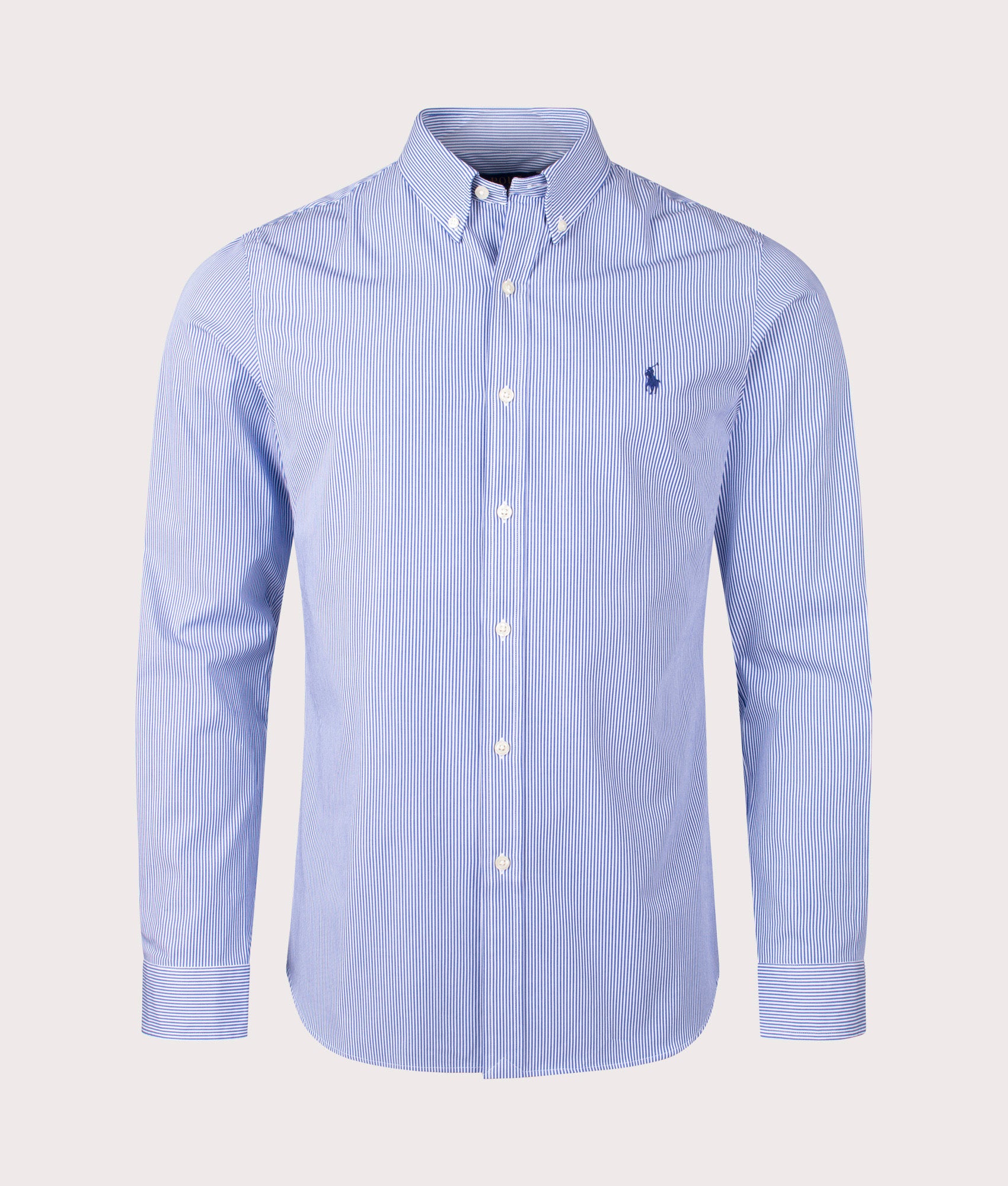 Stretch Slim Fit Poplin Shirt in blue by Polo Ralph Lauren. Shot at EQVVS. Front shot. 