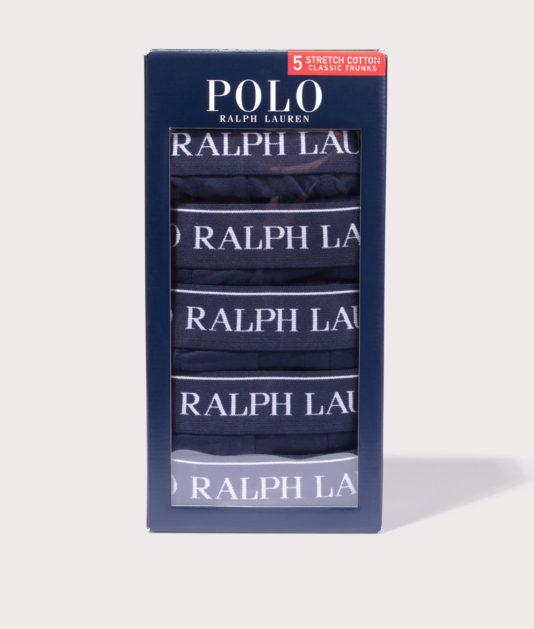 Polo Ralph Lauren Five Pack of Classic Stretch Trunks in Cruise Navy Blue at EQVVS Box Shot