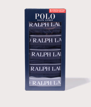 Polo Ralph Lauren Five Pack of Classic Stretch Trunks in Cruise Navy Blue at EQVVS Box Shot