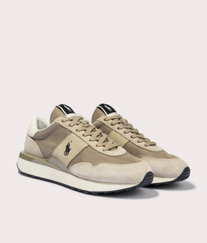Ralph Lauren Train 89 Polo Player Low Top Lace Sneakers in Milkshake Beige Angle Shot at EQVVS