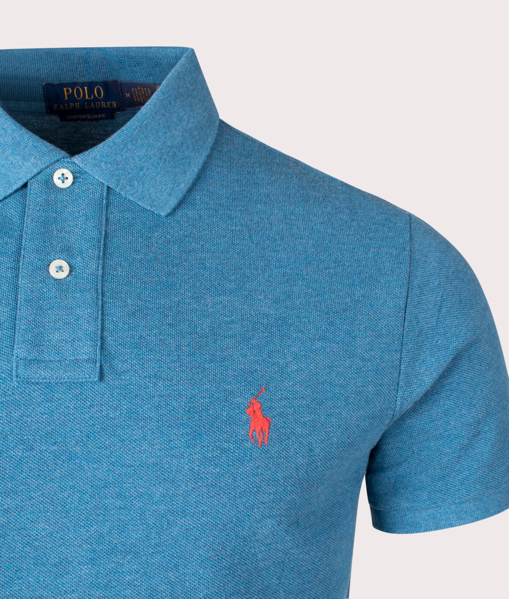 Custom Slim Fit Basic Mesh Polo Shirt in Marine Heather by Polo Ralph Lauren. EQVVS Detail Shot.