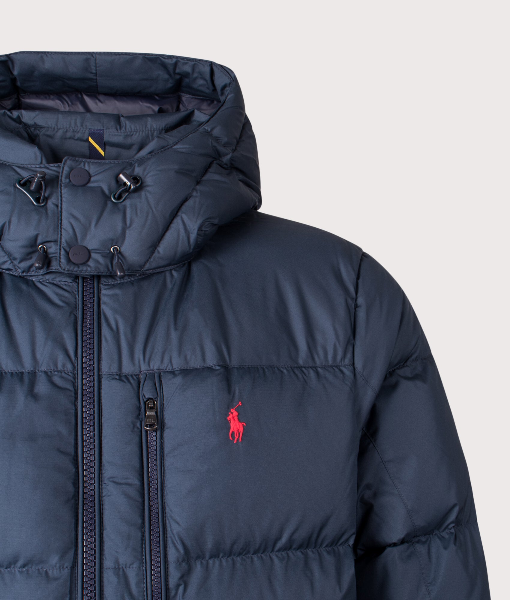 Polo Ralph Lauren Gorham Down Jacket in Collection Navy at EQVVS Menswear. Detail shot.
