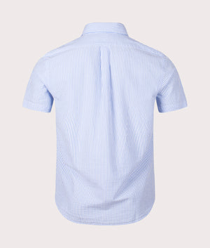 Custom Fit Short Sleeve Lightweight Stripe Shirt in Blue White by Polo Ralph Lauren. EQVVS Back Angle Shot.