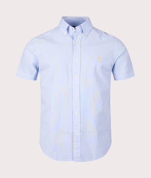 Custom Fit Short Sleeve Lightweight Stripe Shirt in Blue White by Polo Ralph Lauren. EQVVS Front Angle Shot.