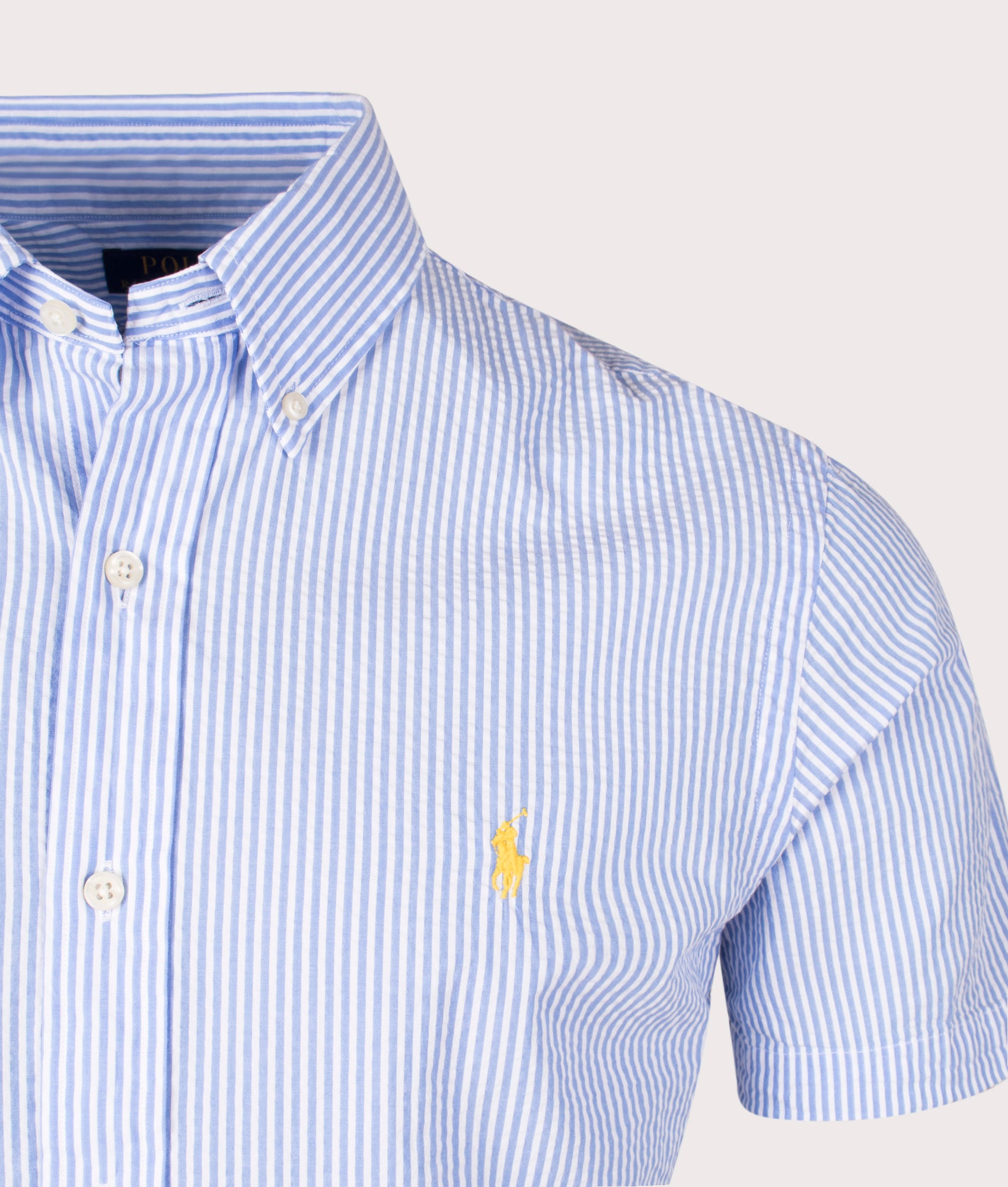 Custom Fit Short Sleeve Lightweight Stripe Shirt in Blue White by Polo Ralph Lauren. EQVVS Detail Shot.