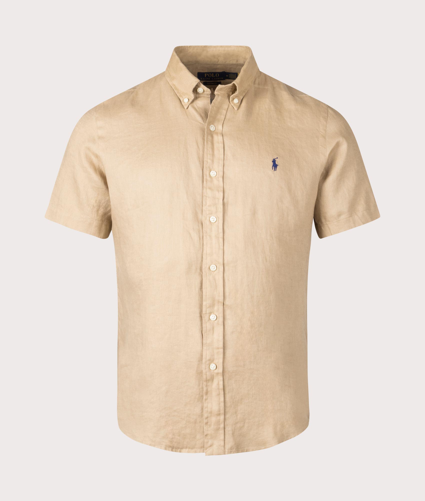 Polo Ralph Lauren Custom Fit Linen Shirt in Vintage Khaki at EQVVS. Front Shot.