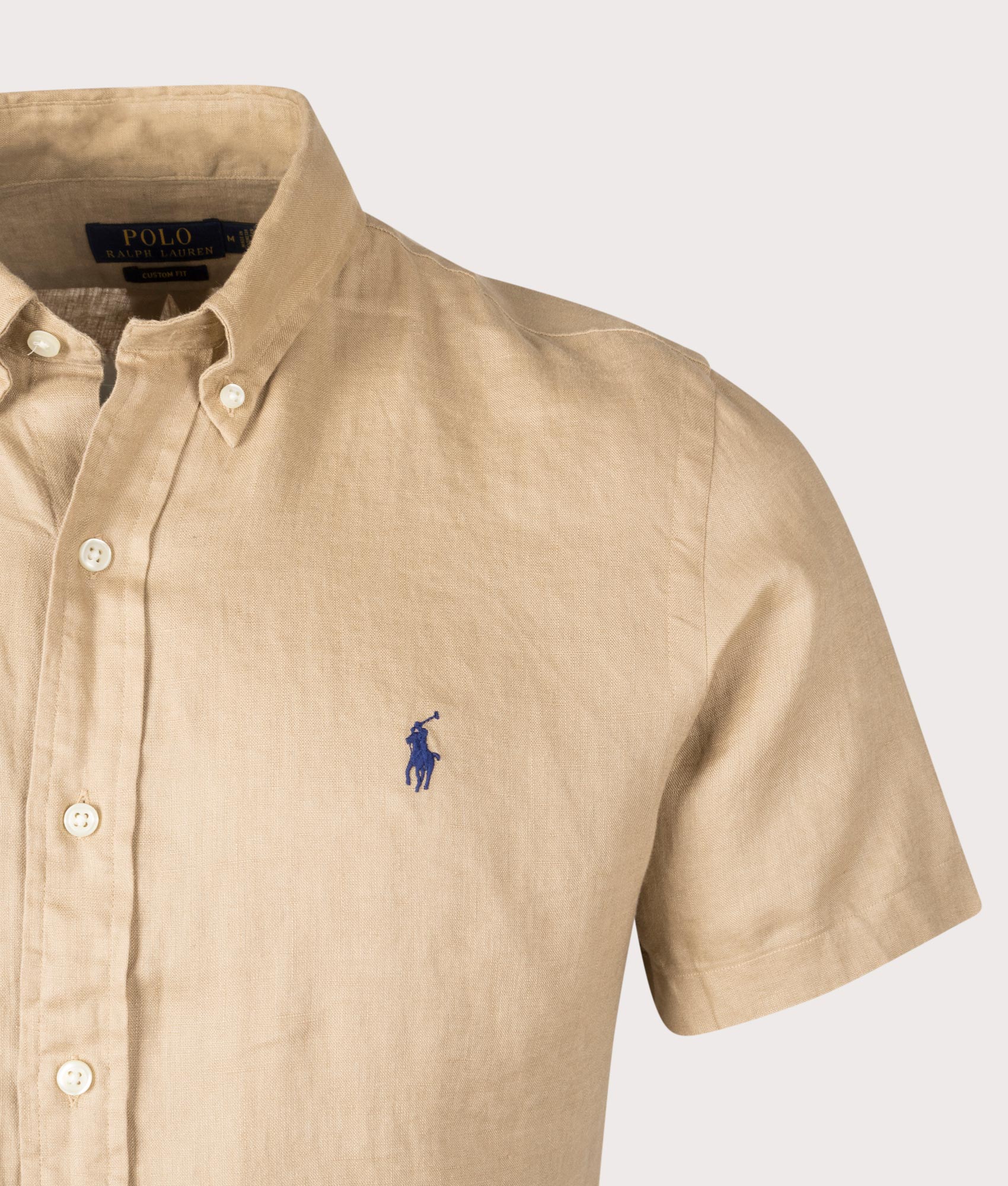 Polo Ralph Lauren Custom Fit Linen Shirt in Vintage Khaki at EQVVS. Detail Shot.