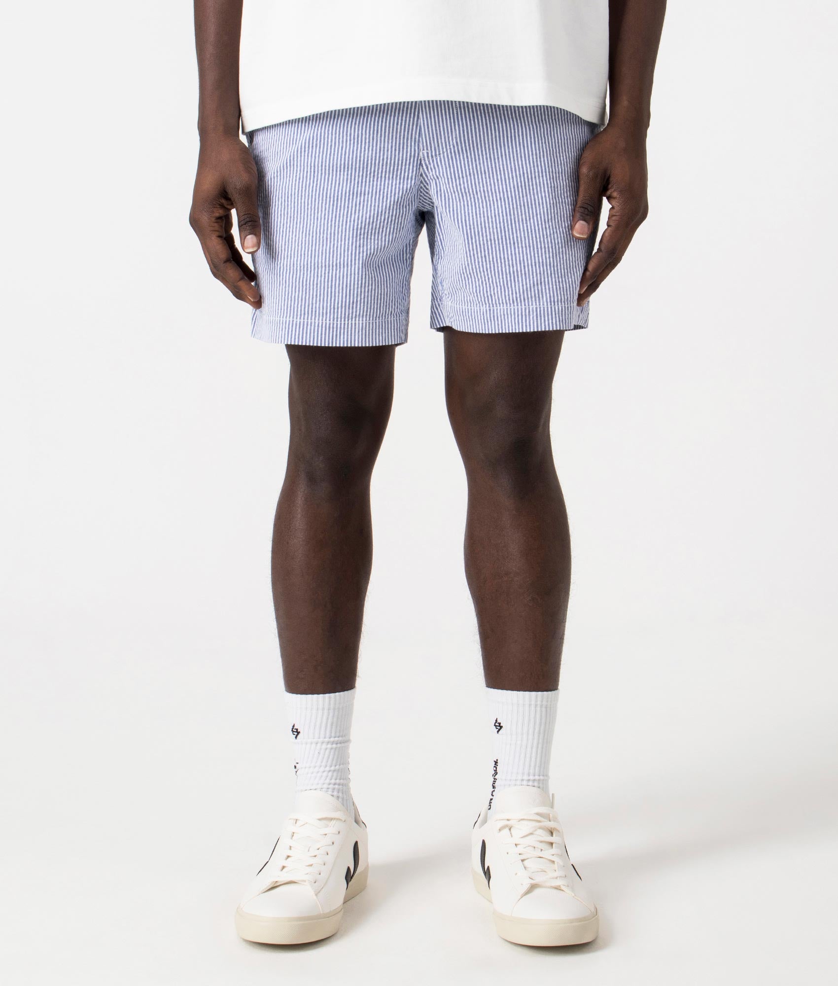 Classic Fit Prepster Seersucker Shorts in Seersucker Blue with Gothic Emblem, Front Angle Model Shot at EQVVS