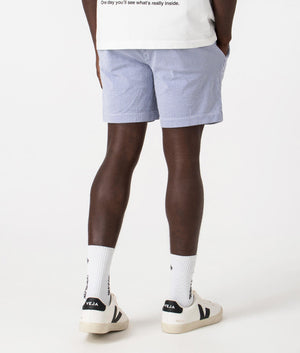 Classic Fit Prepster Seersucker Shorts in Seersucker Blue with Gothic Emblem, Back Angle Model Shot at EQVVS