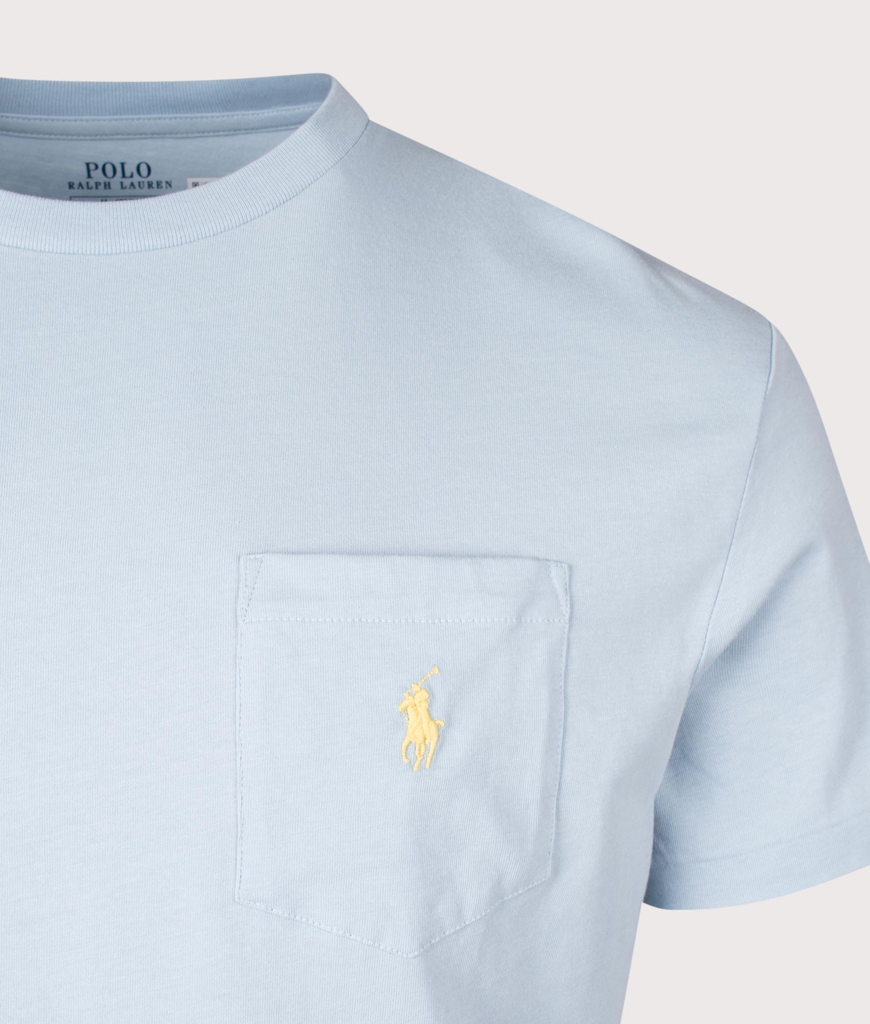 Polo Ralph Lauren Classic Fit Jersey Pocket T-Shirt in Alpine Blue. Detail angle shot at EQVVS.