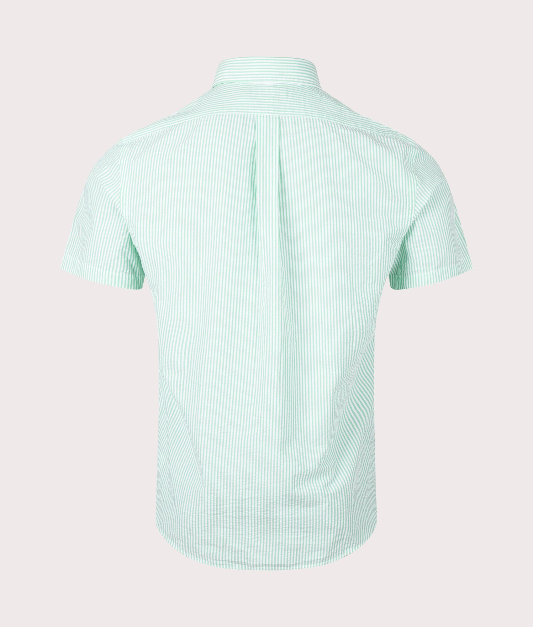 Custom Fit Short Sleeve Lightweight Stripe Shirt in Keywest Green/White by Polo Ralph Lauren. EQVVS Back Angle Shot.