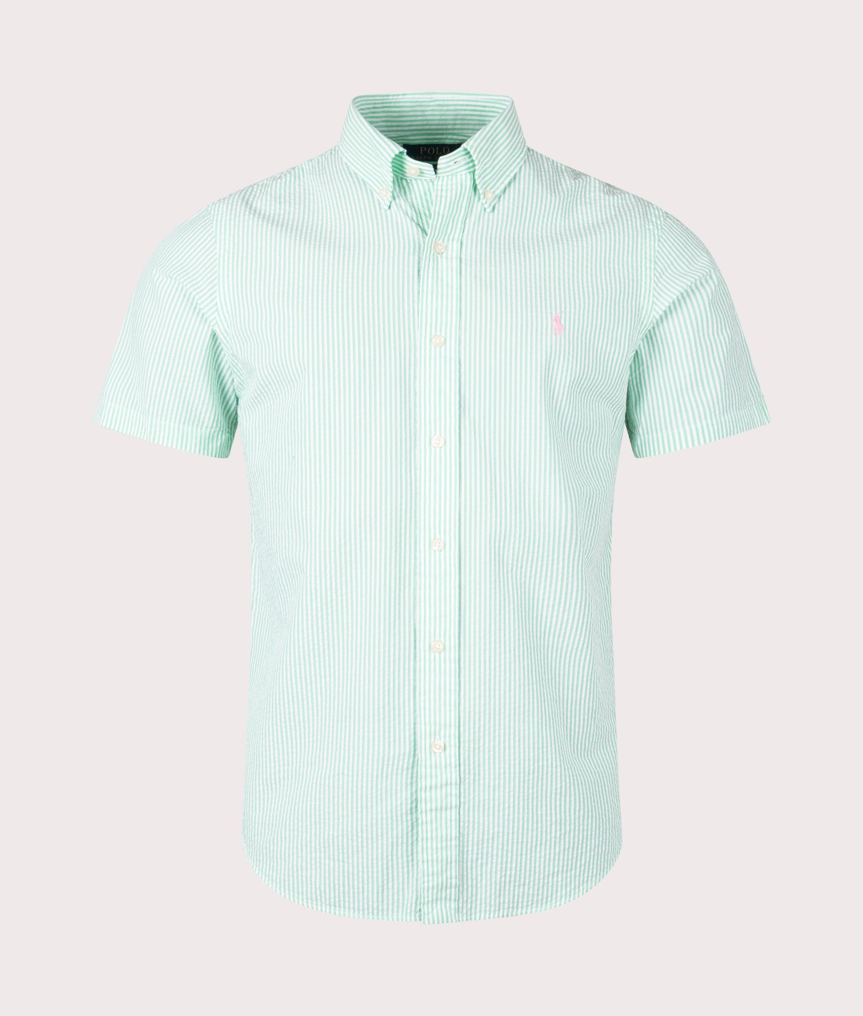 Custom Fit Short Sleeve Lightweight Stripe Shirt in Keywest Green/White by Polo Ralph Lauren. EQVVS Front Angle Shot.