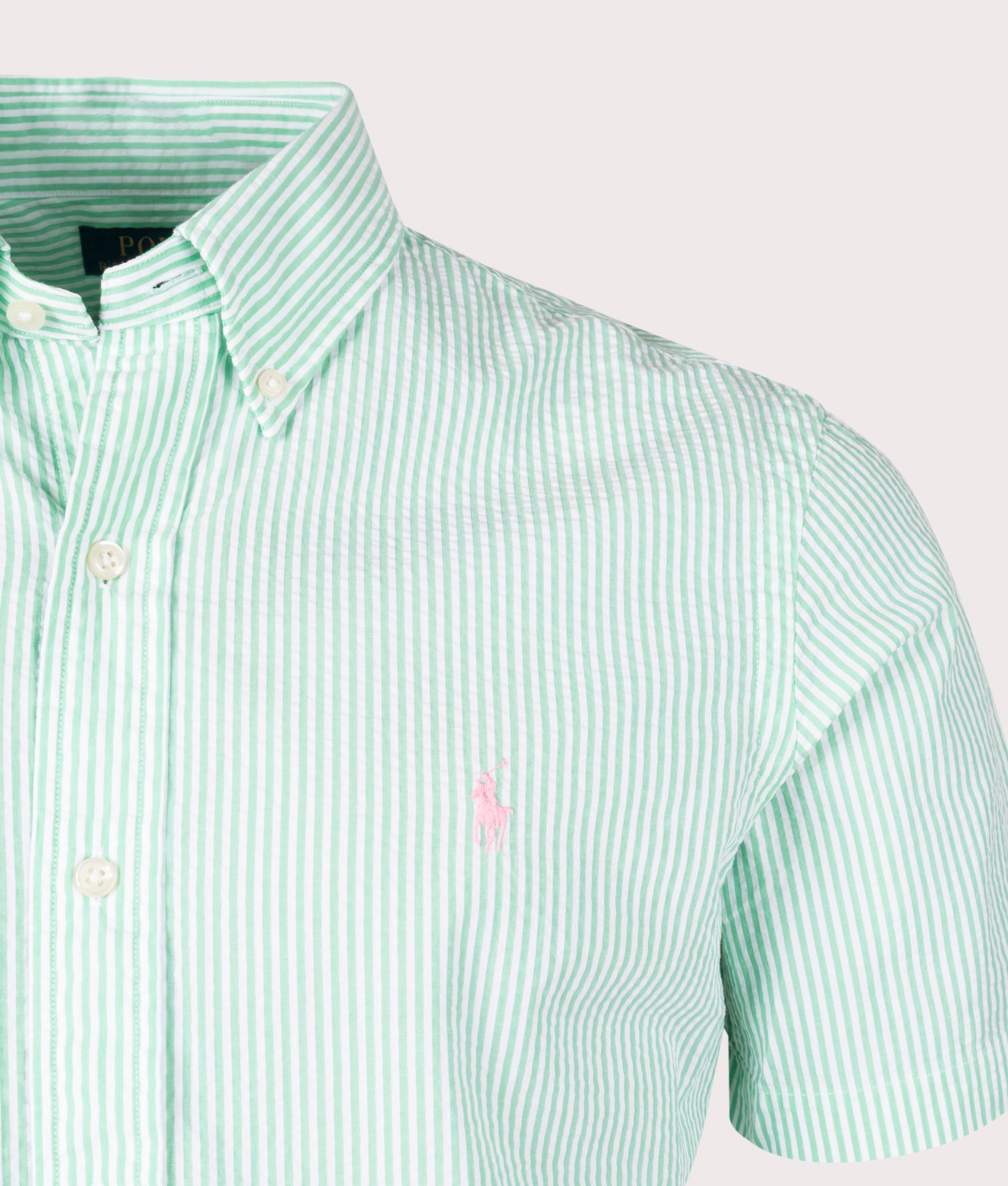 Custom Fit Short Sleeve Lightweight Stripe Shirt in Keywest Green/White by Polo Ralph Lauren. EQVVS Detail Angle Shot.