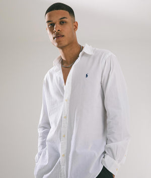 Custom Fit Lightweight Sport Shirt in White by Polo Ralph Lauren. EQVVS Campaign Shot.