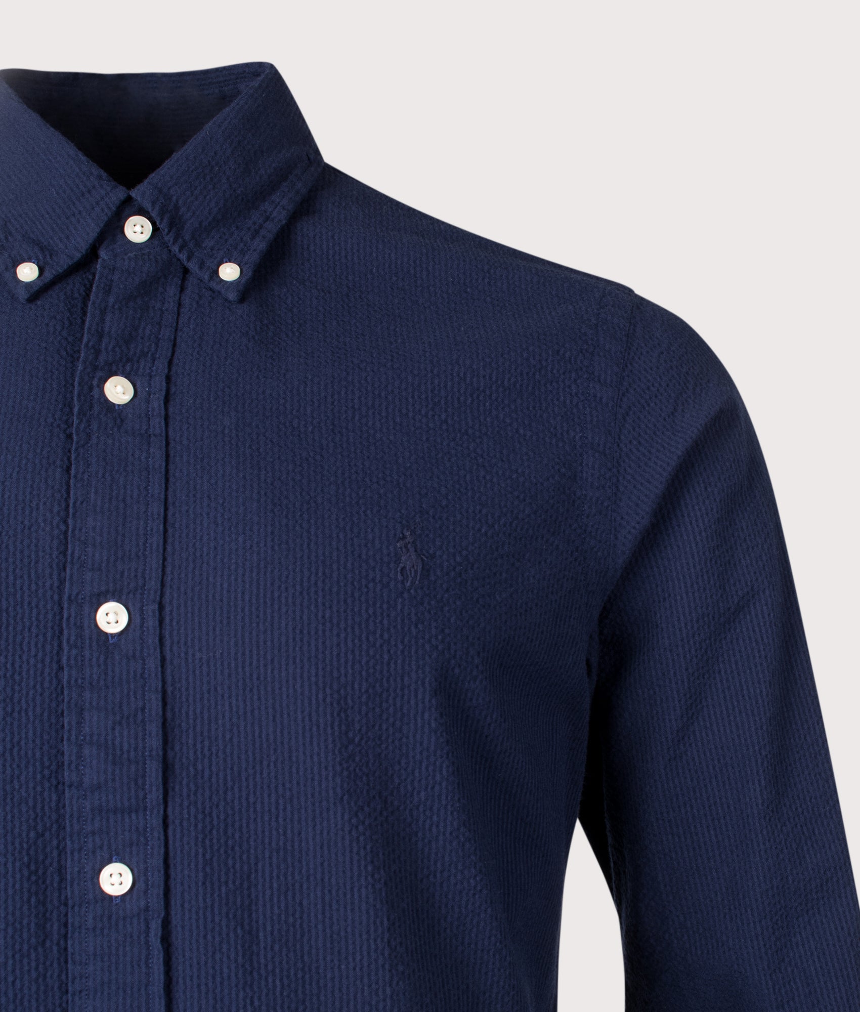 Polo Ralph Lauren Custom Fit Lightweight Sport Shirt in Astoria Navy. Shot at EQVVS. Front detail shot 