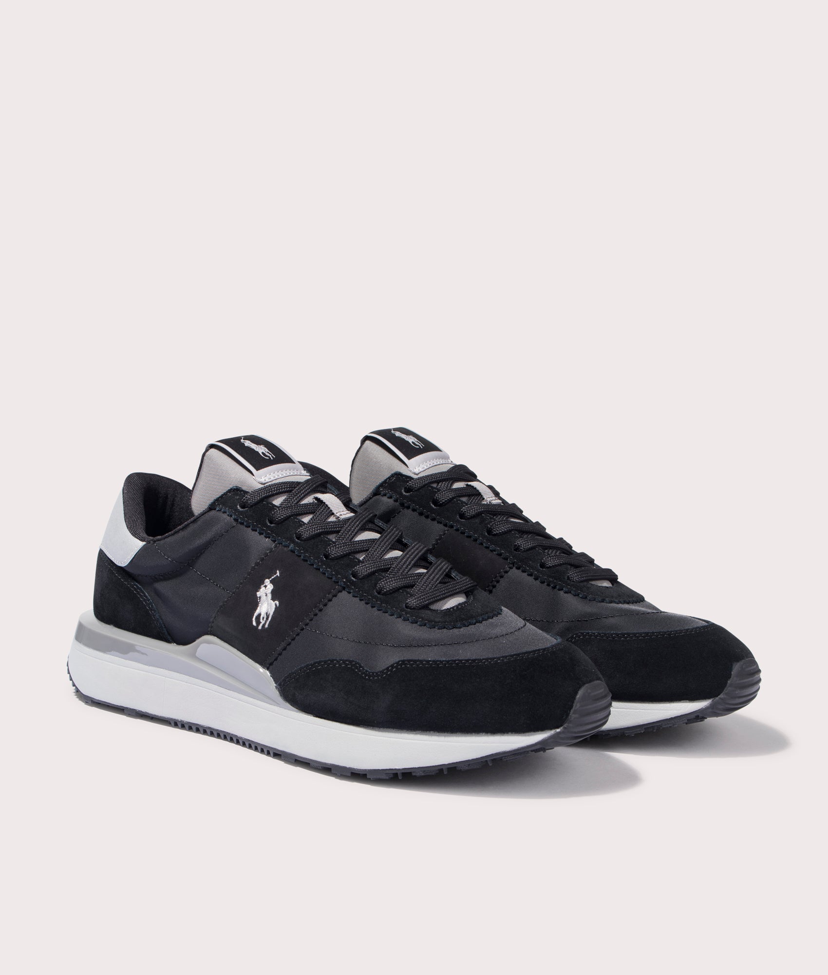 Polo Ralph Lauren Train 89 Suede Panelled Low Top Sneakers for Men in Black and Grey at EQVVS Angle Shot