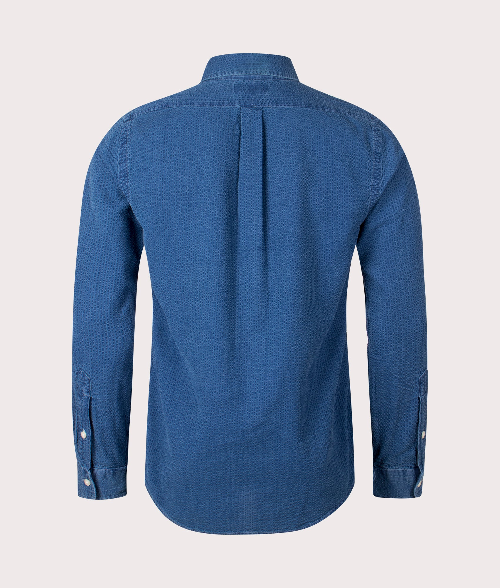 Custom Fit Lightweight Sport Shirt in Dark Indigo by Polo Ralph Lauren. EQVVS Back Angle Shot.