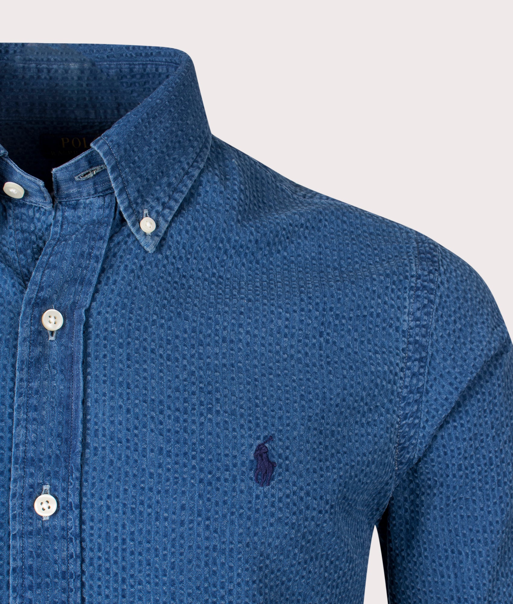 Custom Fit Lightweight Sport Shirt in Dark Indigo by Polo Ralph Lauren. EQVVS Detail Shot.