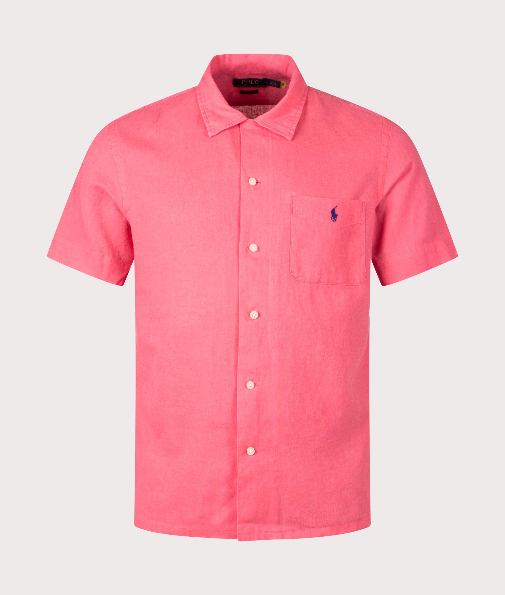 Classic Fit Short Sleeve Linen Blend Camp Shirt in Palle Red by Polo Ralph Lauren. EQVVS Front Angle Shot.