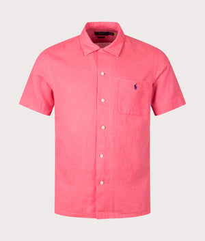 Classic Fit Short Sleeve Plain Weave Shirt in Palle Red by Polo Ralph Lauren. EQVVS Front Angle Shot.