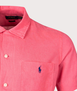 Classic Fit Short Sleeve Linen Blend Camp Shirt in Palle Red by Polo Ralph Lauren. EQVVS Detail Shot.