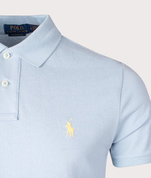 Custom Slim Fit Mesh Polo Shirt in Alpine Blue by Polo Ralph Lauren. EQVVS Detail Shot.