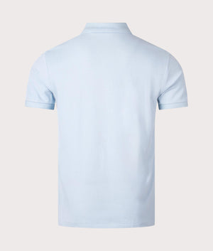 Custom Slim Fit Mesh Polo Shirt in Alpine Blue by Polo Ralph Lauren. EQVVS Back Angle Shot.