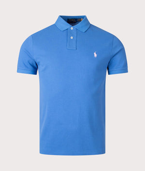 Custom Slim Fit Mesh Polo Shirt in New England Blue by Polo Ralph Lauren. EQVVS Front Angle Shot.
