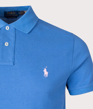 Custom Slim Fit Mesh Polo Shirt in New England Blue by Polo Ralph Lauren. EQVVS Detail Shot.