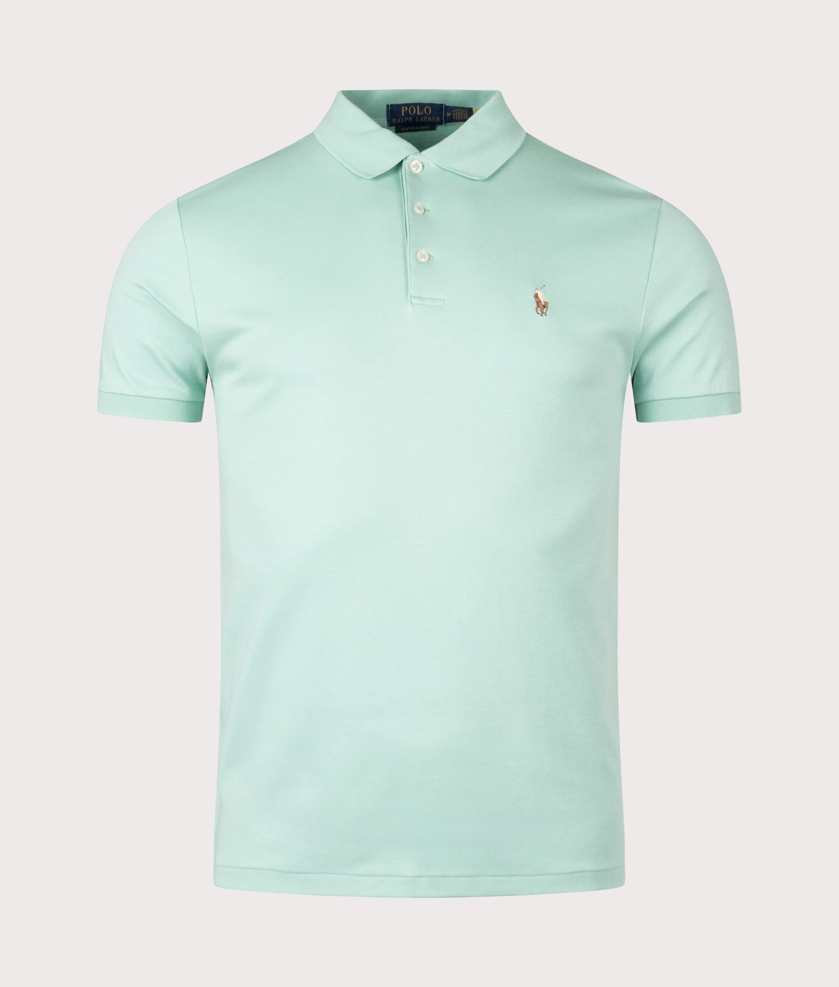 Custom Slim Fit Soft Cotton Polo Shirt in Celadon by Ralph Lauren. EQVVS Front Angle Shot.