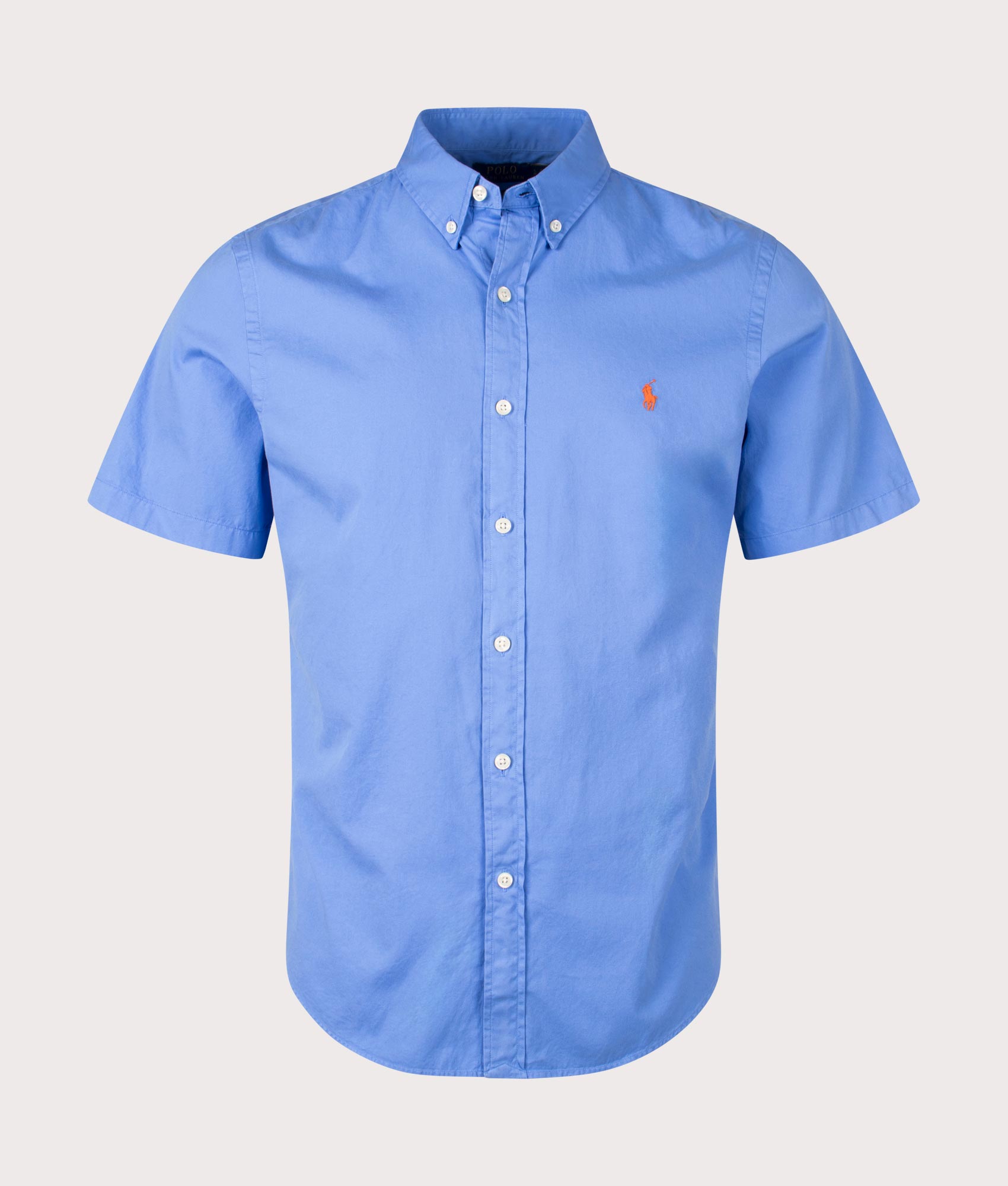 Slim Fit Garment Dyed Short Sleeve Shirt in Harbor Island Blue by Polo Ralph Lauren. EQVVS Front Angle Shot.