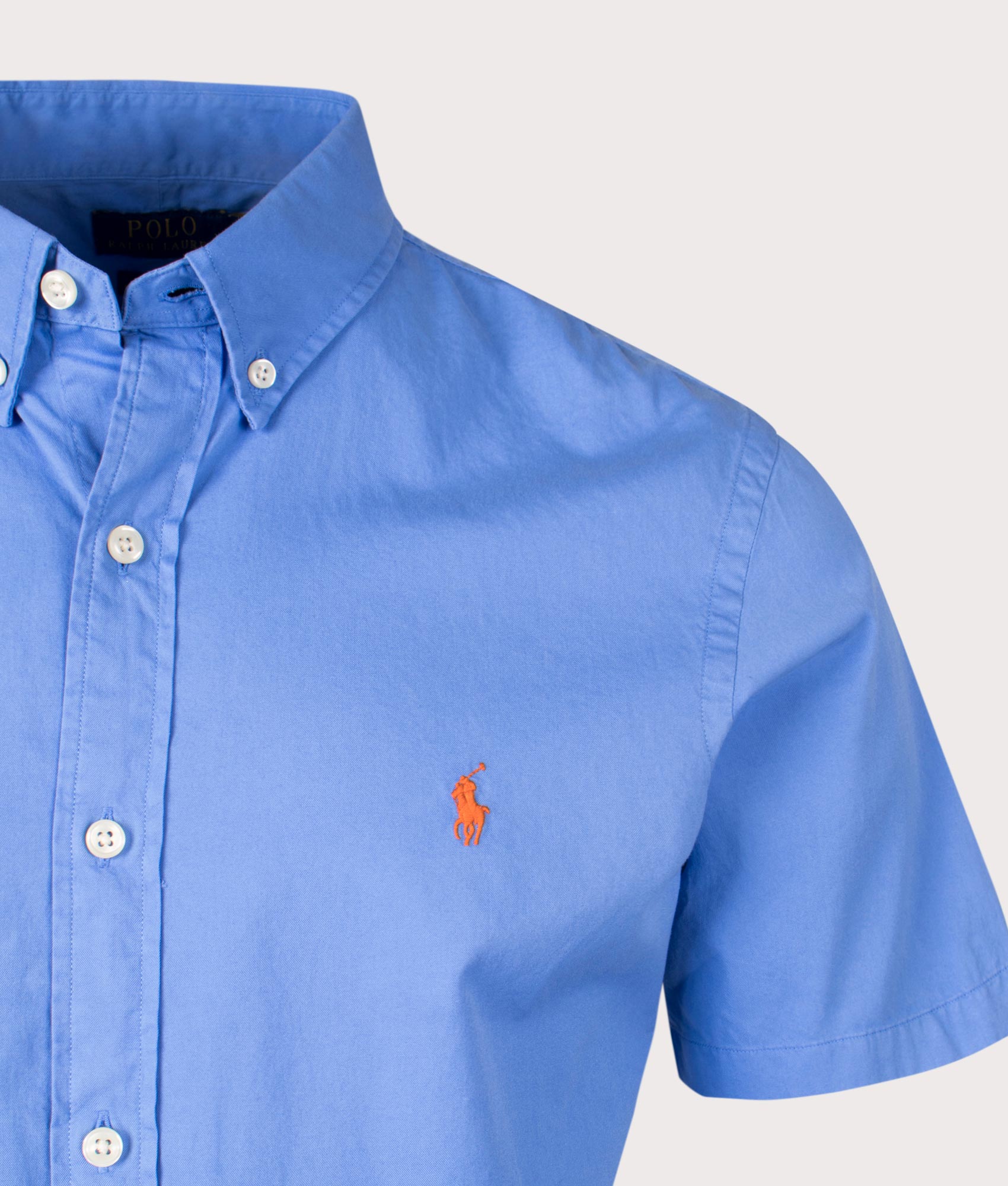 Slim Fit Garment Dyed Short Sleeve Shirt in Harbor Island Blue by Polo Ralph Lauren. EQVVS Detail Shot.