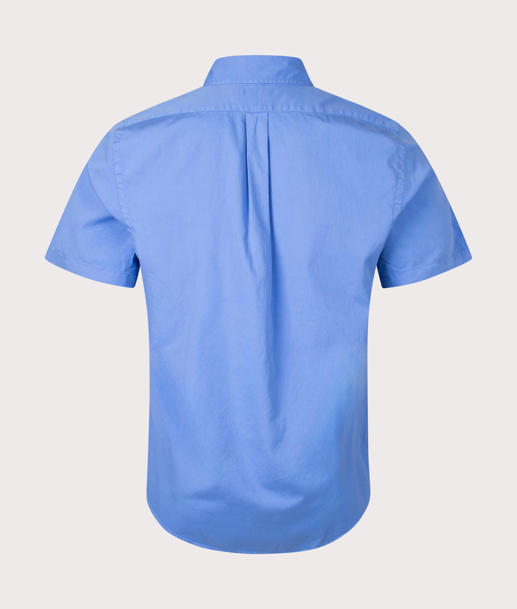 Slim Fit Garment Dyed Short Sleeve Shirt in Harbor Island Blue by Polo Ralph Lauren. EQVVS Back Angle Shot.