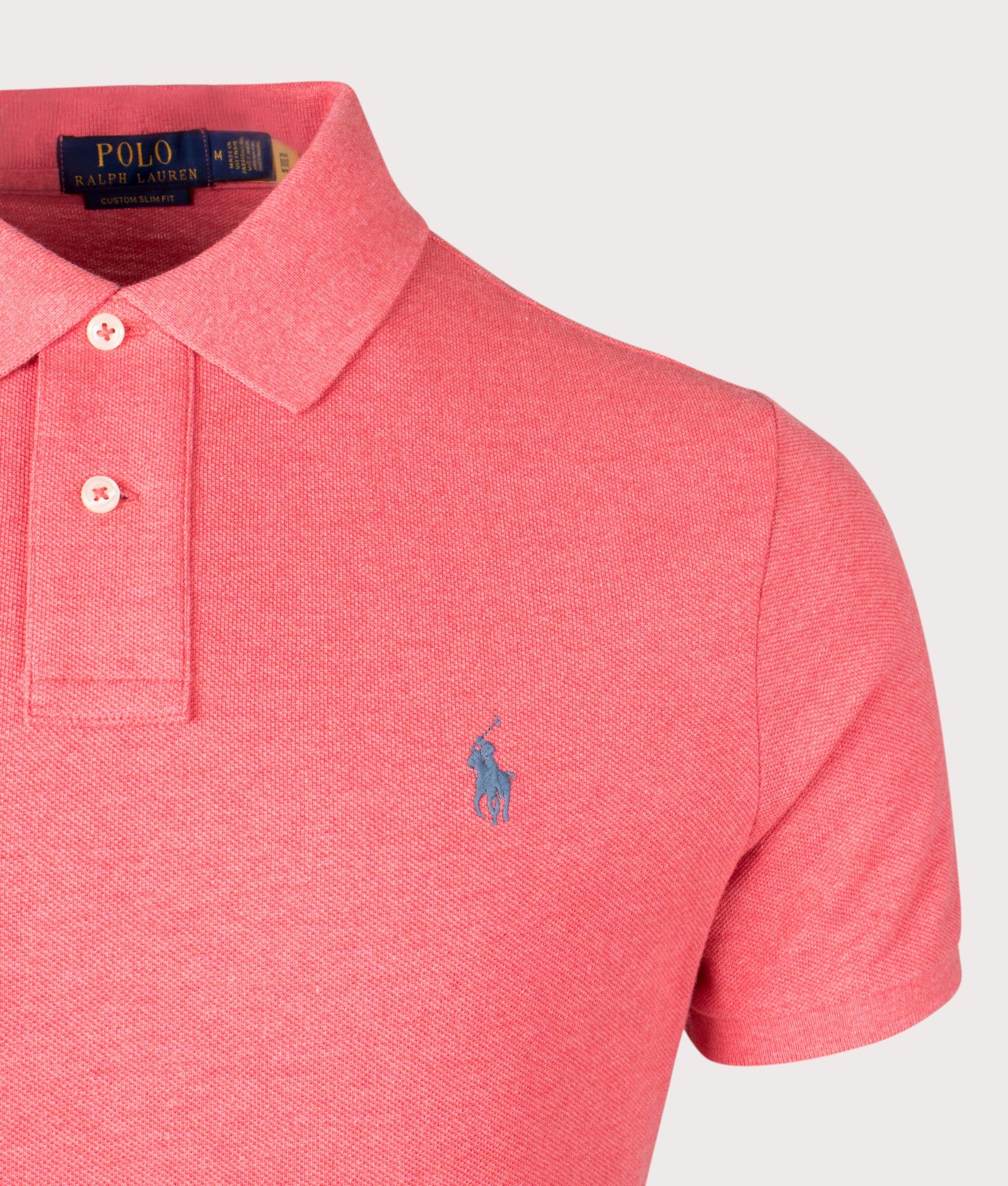 Custom Slim Fit Basic Mesh Polo Shirt in Highland Rose Heather by Polo Ralph Lauren. EQVVS Detail Shot.