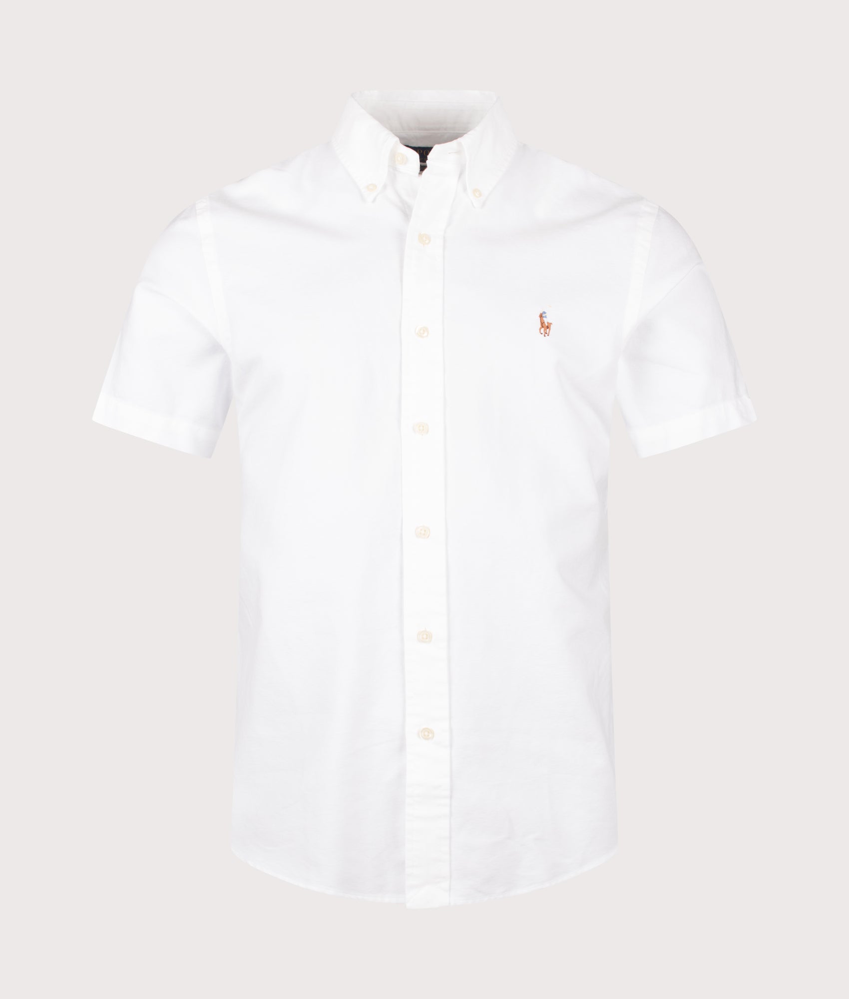 Polo Ralph Lauren Custom Fit Short Sleeve Lightweight Oxford Shirt in Bsr White at EQVVS Menswear. Front shot.