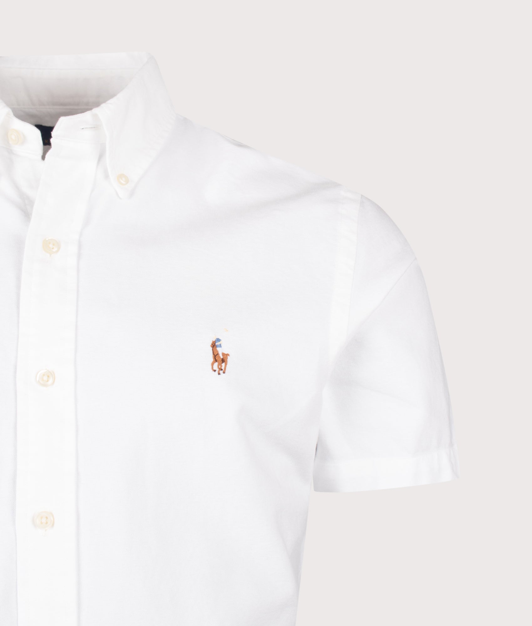 Polo Ralph Lauren Custom Fit Short Sleeve Lightweight Oxford Shirt in Bsr White at EQVVS Menswear. Detail shot.