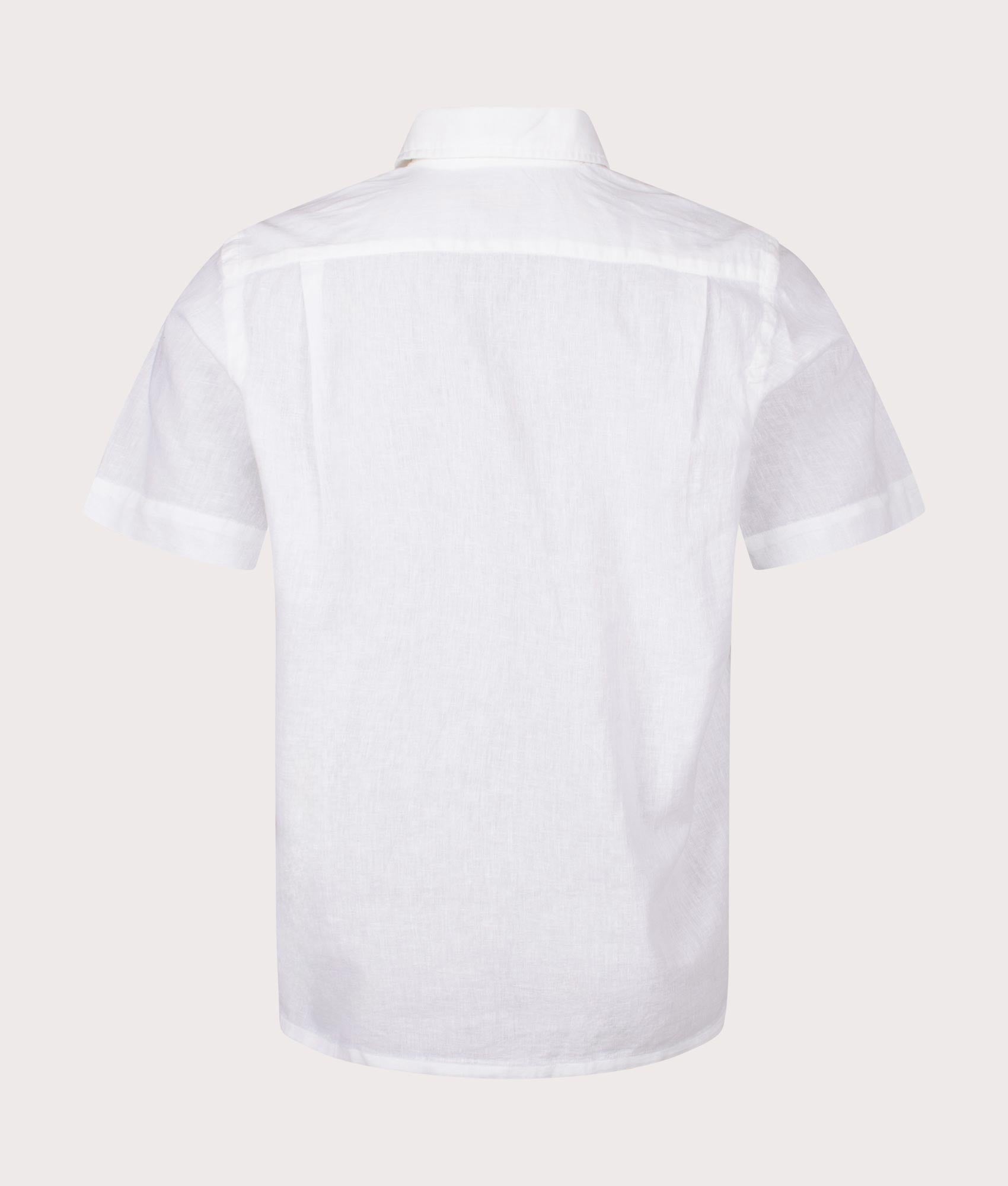 Classic Fit Short Sleeve Linen Blend Camp Shirt in white by Polo Ralph Lauren. EQVVS Back Angle Shot.