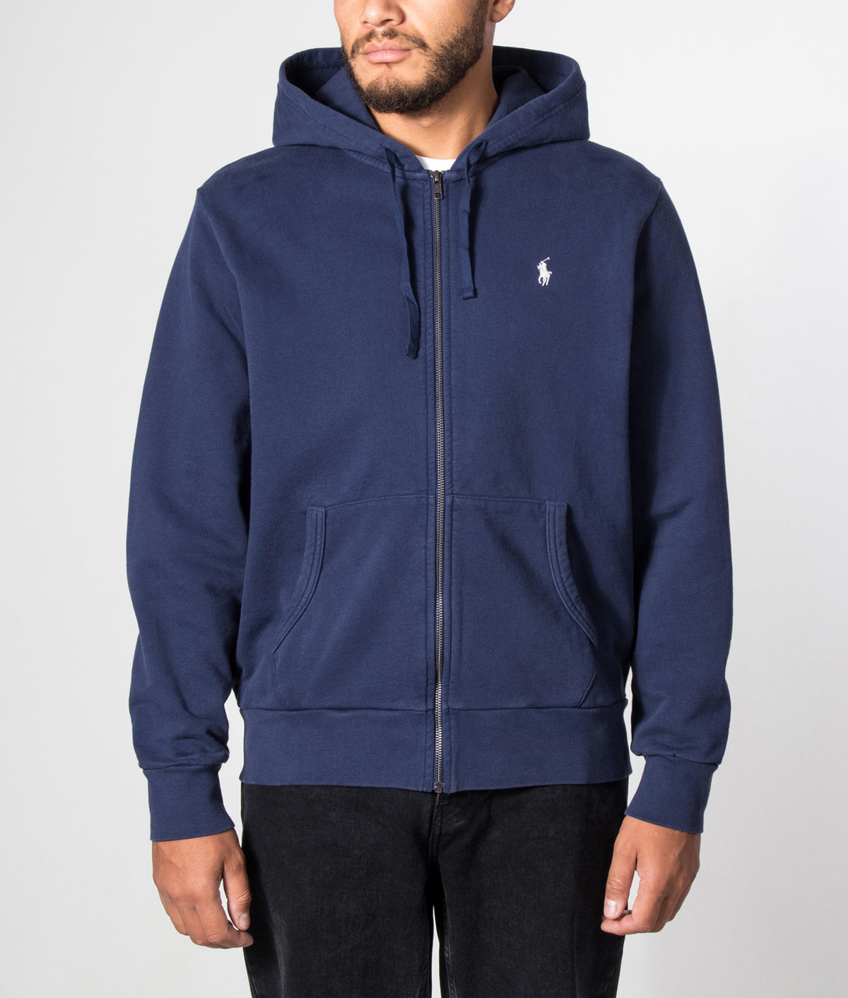 Polo Ralph Lauren Zip Through Loopback Fleece Hoodie in Cruise Navy at EQVVS Menswear. Model front shot.