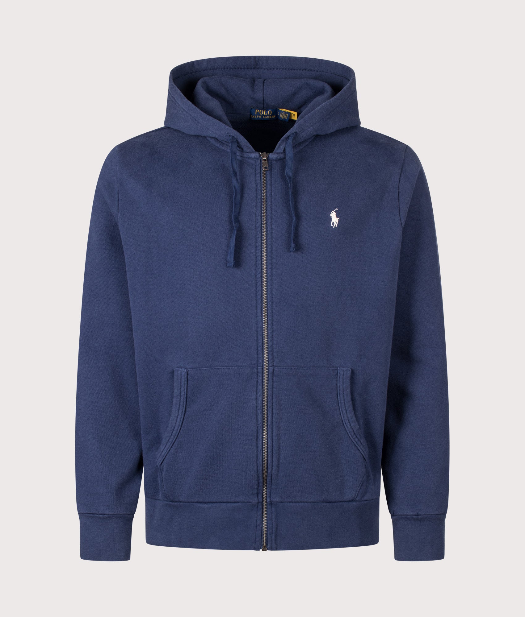 Polo Ralph Lauren Zip Through Loopback Fleece Hoodie in Cruise Navy at EQVVS Menswear. Front shot.